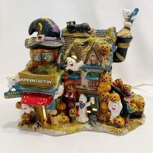 Vintage Spooky Town Pumpkin Factory Halloween Pumpkins Ghosts Black Cat